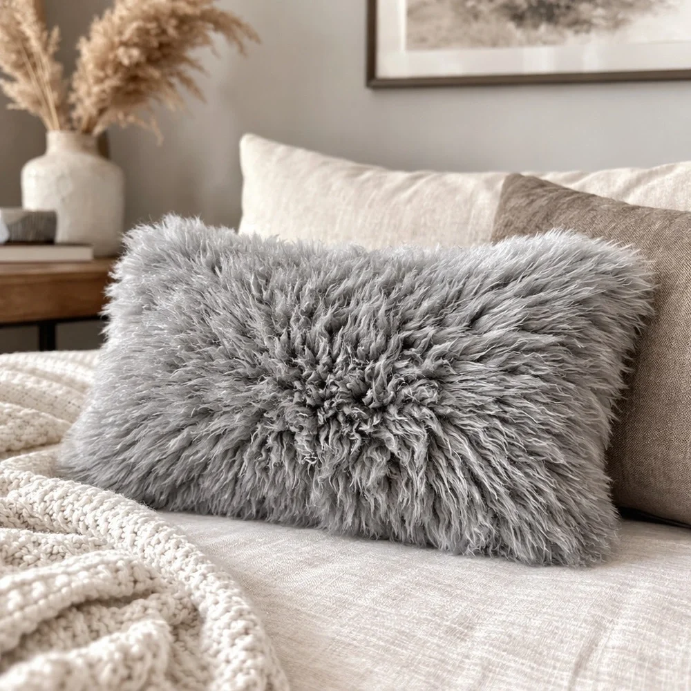 Icelandic Sheepskin Pillow 18x10 Gray Long Wool Fur Cushion Scandinavian Hygge